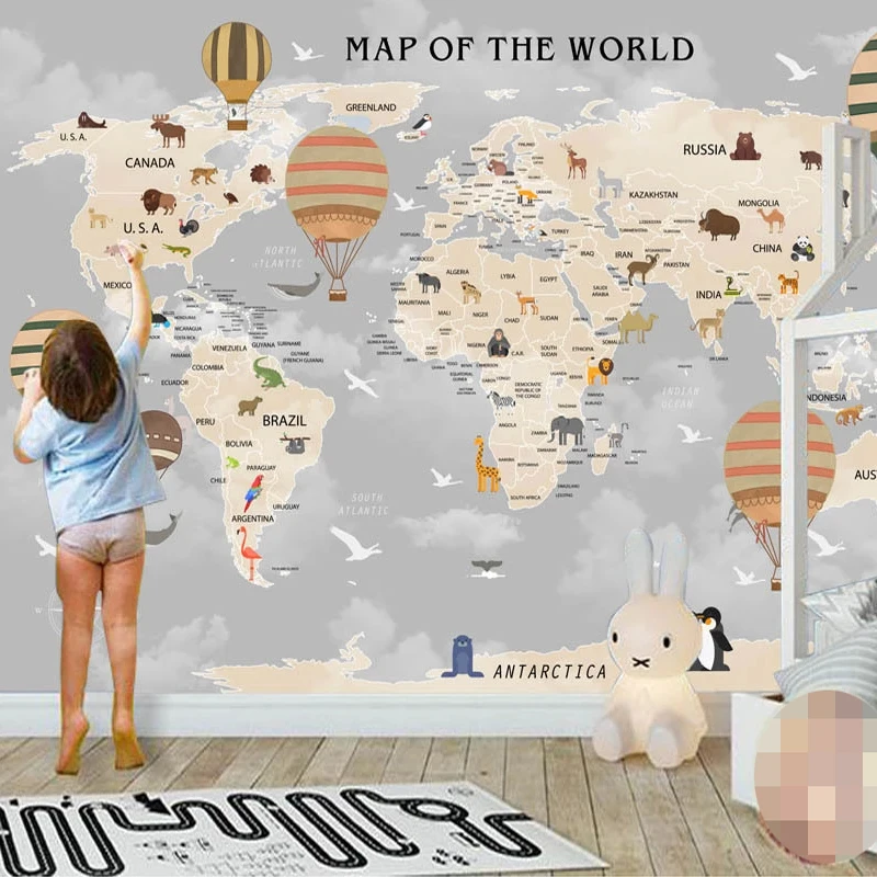 

Cartoon Photo Animal Balloon World Map Children Room Bedroom Living Room Backdrop Wall Mural Wallpaper For Kids Room Decoration