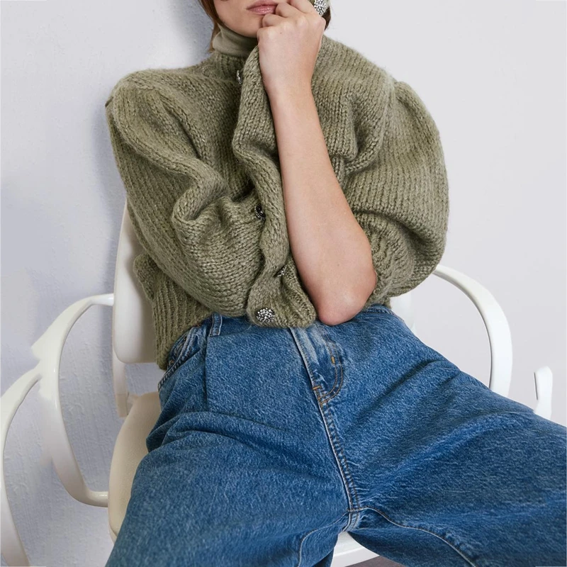 RealShe кашемировый женский свитер 2020 круглый вырез рукав-фонарик однотонный топ