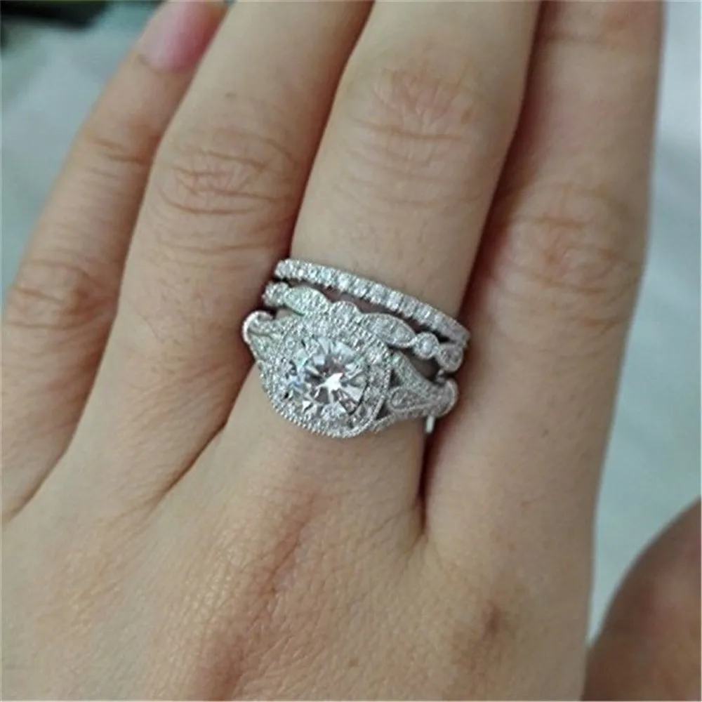 Luxury zircon diamonds stackable layered Rings sets for women wedding ring white gold silver color jewelry bijoux band | Украшения и