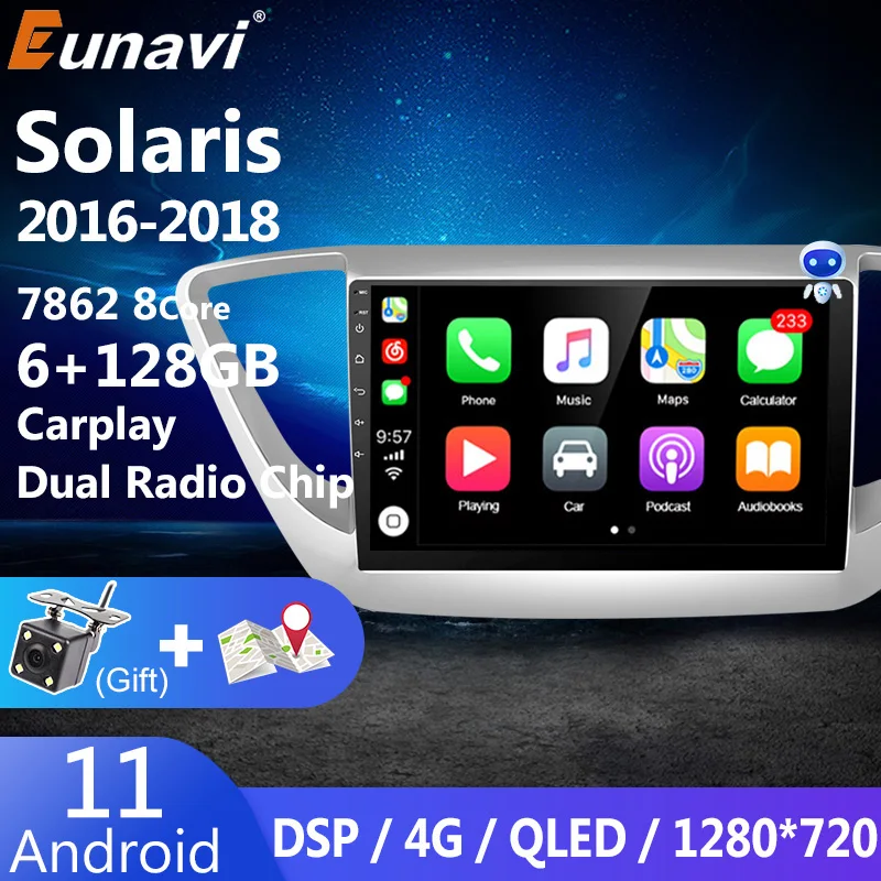 

Eunavi 4G 2 Din Android 11 автомобильное радио для Hyundai Solaris 2 Verna 2016 - 2018 GPS навигация 2Din DVD мультимедиа видео плеер