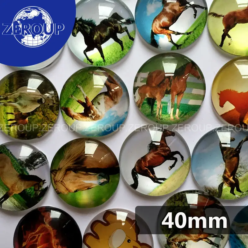 Круглый стеклянный кабошон 40 мм с изображением лошади смешанный рисунок