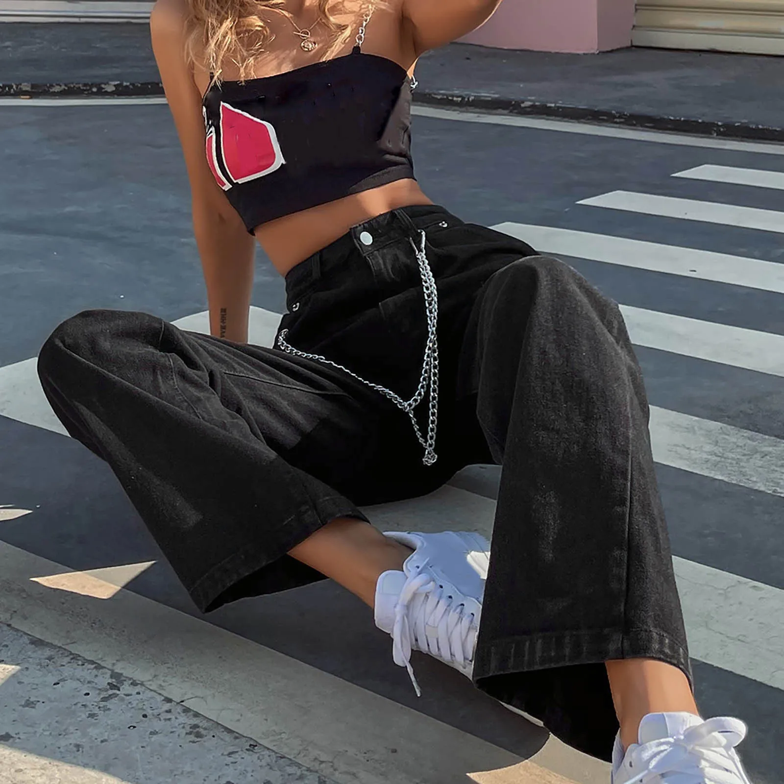 

Женские модные однотонные Цвета с карманами и высокой талией, цепочка на джинсы Slim Fit уличная прямые джинсы джинсовые штаны брюки Pantalones Mujer # ...