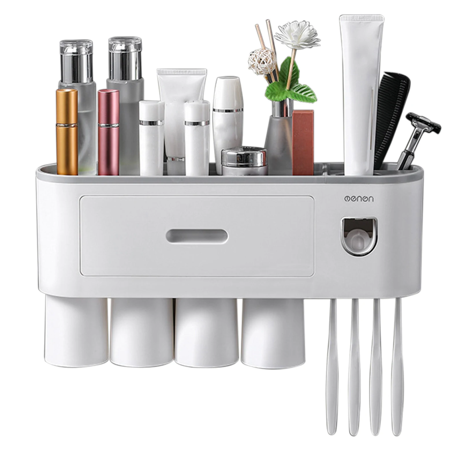 

Toothbrush Rack with Toothpaste Dispenser Squeezer Toothbrush Cup Drawer Wall Mounted Toothbrush Holder Organizer