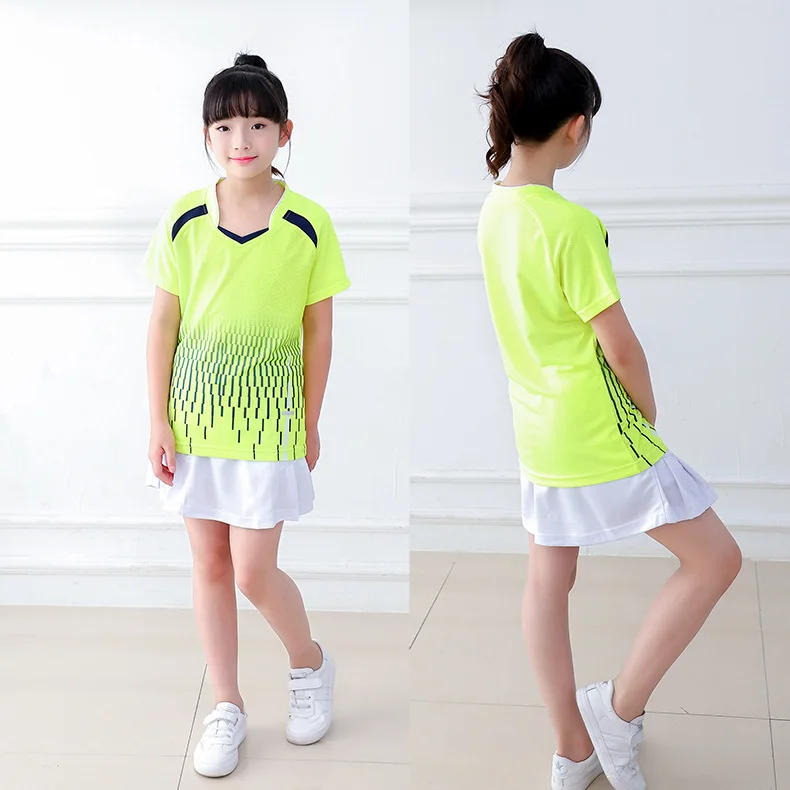 girls green set Детская Молодежная рубашка для бадминтона, костюм с юбкой для мальчиков и девочек, дышащая футболка для бега, настольного тенниса, тренировочная командная форма, комплект спортивной одежды - Цвет: girls green set