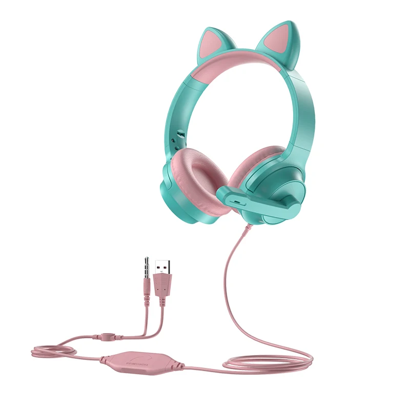 Flash Light Cute Cat Ears Wired Headphones with Mic Kid Girls Stereo Music Wired Headset Gamer Earphones Gift For Computer images - 6