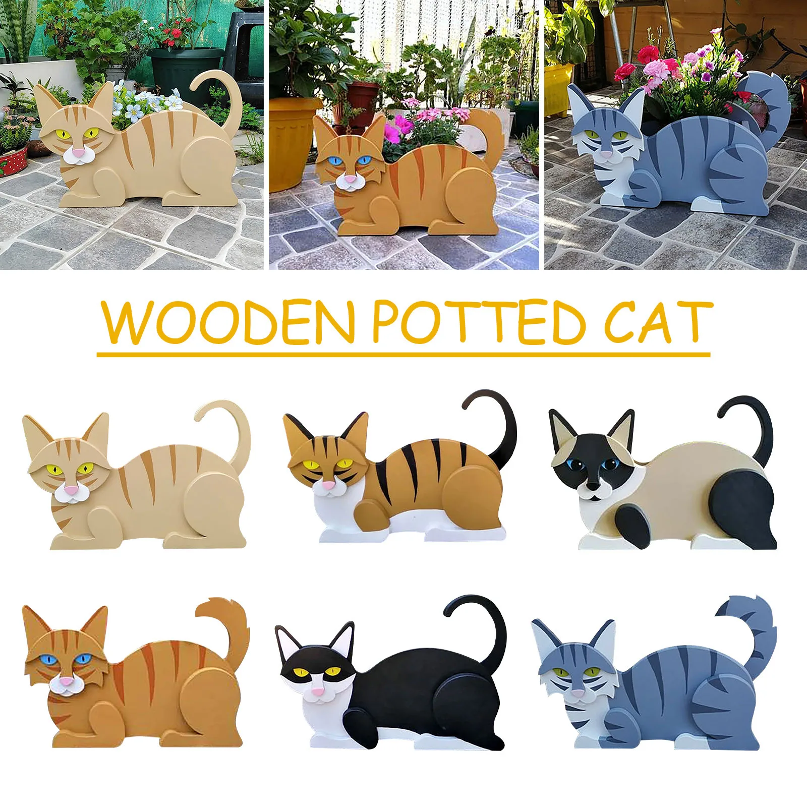 

Creative Cartoon Cute Cat Wood Potted Home Garden Decoration Ornaments Fairy Garden Yard Decoration Outdoor garden decor