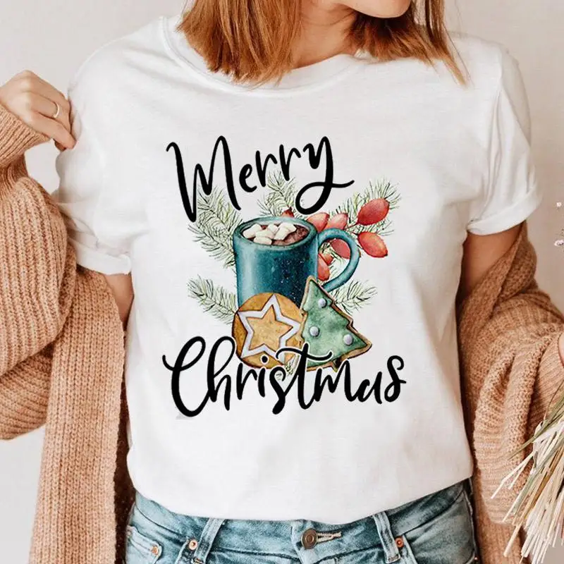 

Женская модная Новогодняя Праздничная футболка в новом стиле, топ с надписью Счастливого Рождества, одежда с графическим принтом из мультф...