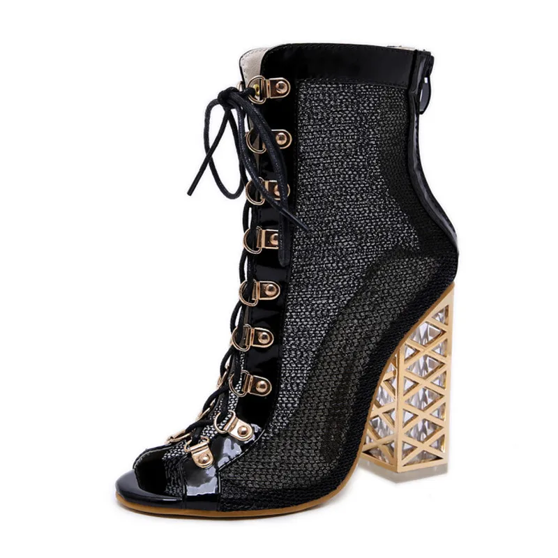 Осенние ботильоны сетчатые ботинки на шнуровке Женская Осенняя обувь каблуке со
