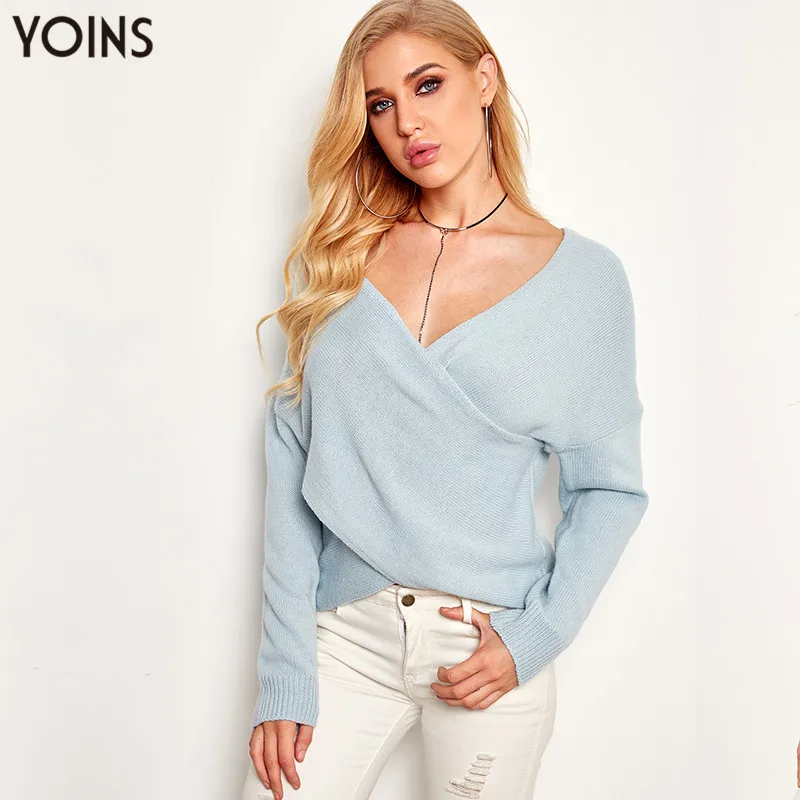 YOINS 2020 Autumn Winter Spring Sweater Women V Neck Crossed Front Long Sleeve Knitted Jumpers Vintage Pull Femme Pullover S-XL | Женская