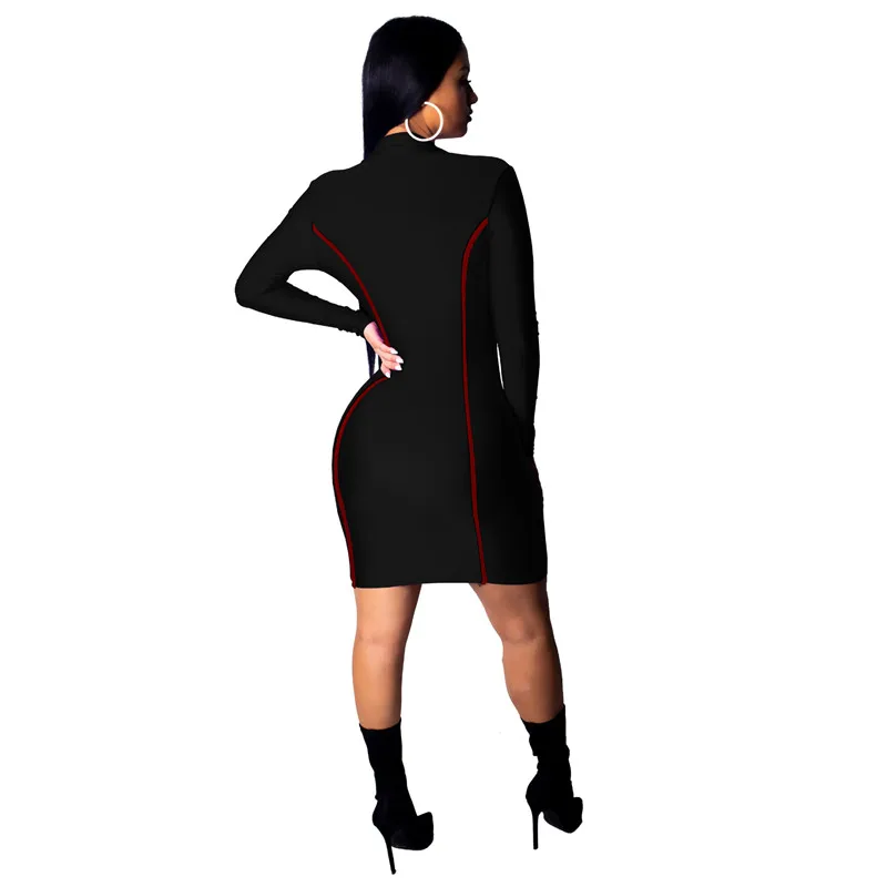 

Women Winter Fall Bodycon Ribbed Dress 2021 New Stand Collar Zipper Deep V-neck Stretch Bodycon Pencil Party Vestido