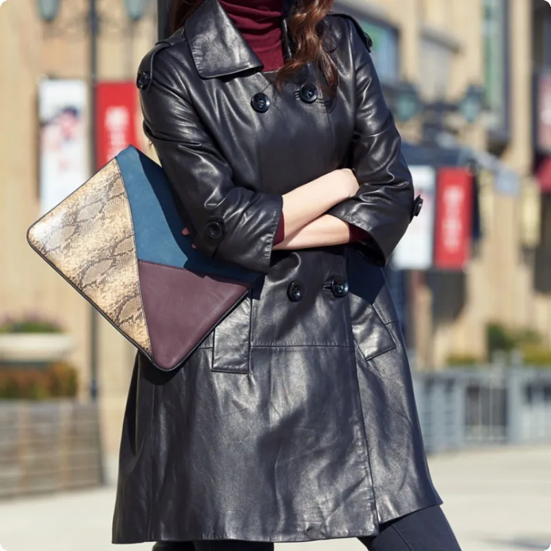 2020 Овчина натуральная кожа женские куртки Новая мода двубортные длинные пальто