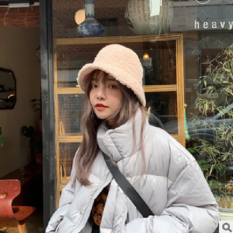 Winter Hat For Women Female Korean Version  Faux Fur Red Outdoor Lamb Panama Hat Fisherman Autumn Warm Plush Basin Lady Cap