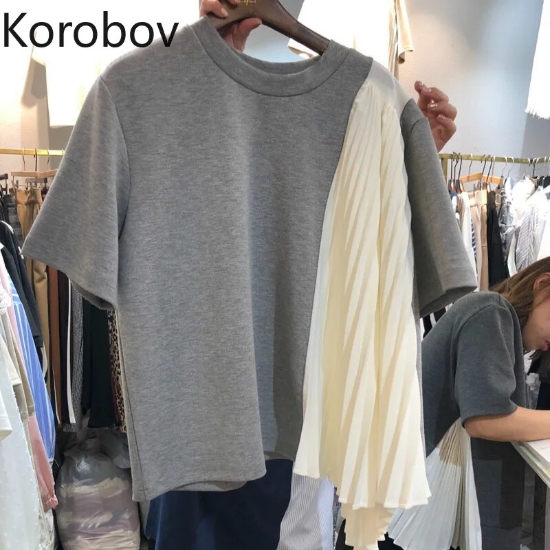 Korobov плиссированные Лоскутные женские футболки с оборками летние модные круглым