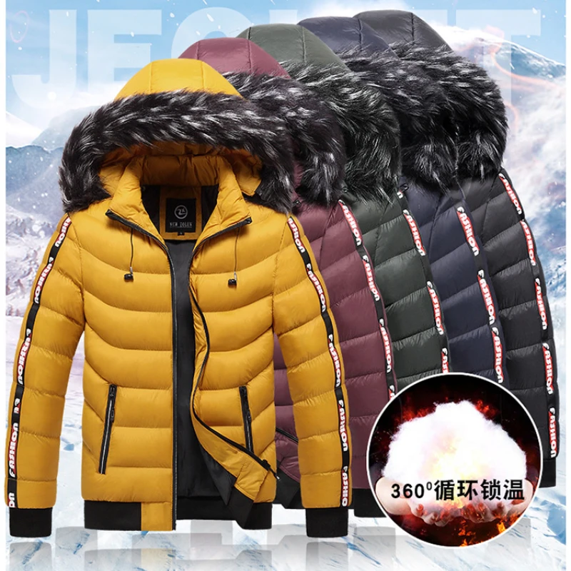 

Хлопковая мужская зимняя Молодежная полосатая Толстая теплая и ветрозащитная пуховая куртка с капюшоном 2022 Новый Повседневный стиль для п...