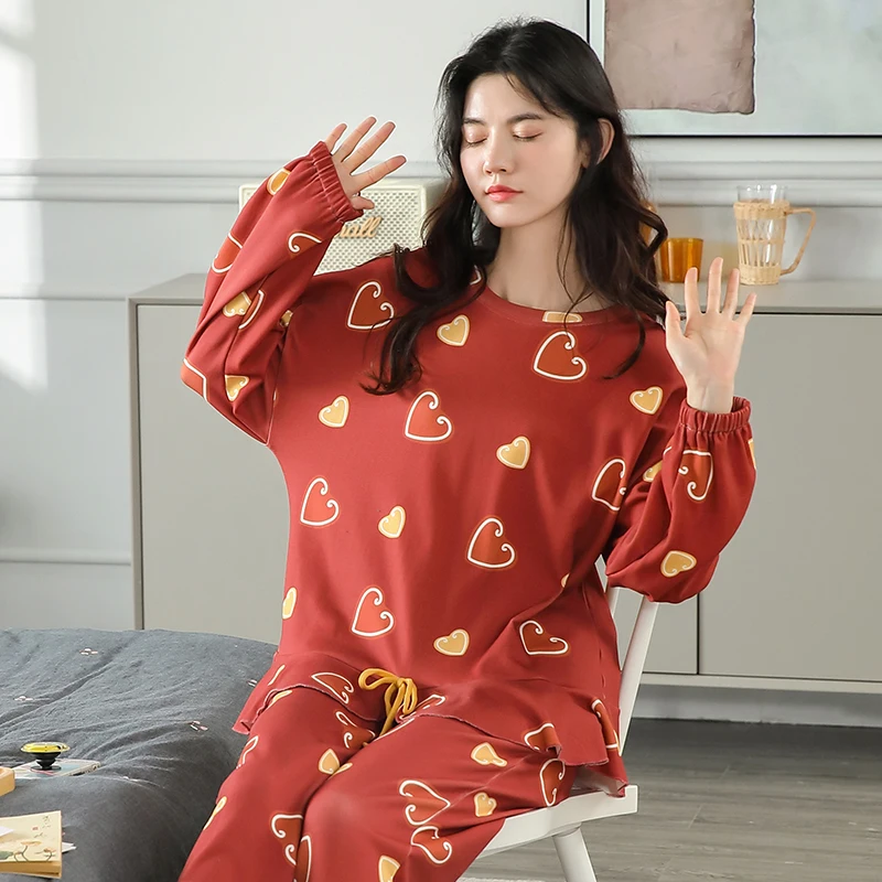 

BZEL Red Sweet Love Pajamas Women Pure Cotton Sleepwear Soft Comfort Nightwear Casual Home Clothes High Quality Pijamas Set 2PCS