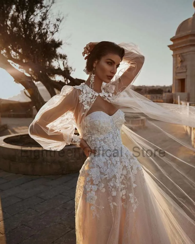 

Eightree Vestido de Noiva Renda Champagne Wedding Dresses Lace with Shawl Vintage Bride Dress 2021 Jacket Wedding Gowns Backless