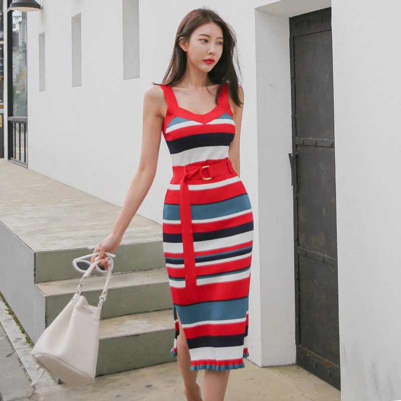

Streetwear Fashion 2 Piece Sets Women Summer Ribbed Slim Elegant Bodycon Stripe Sexy Strap Sleeveless Tops Shirt Belt Slit Skirt
