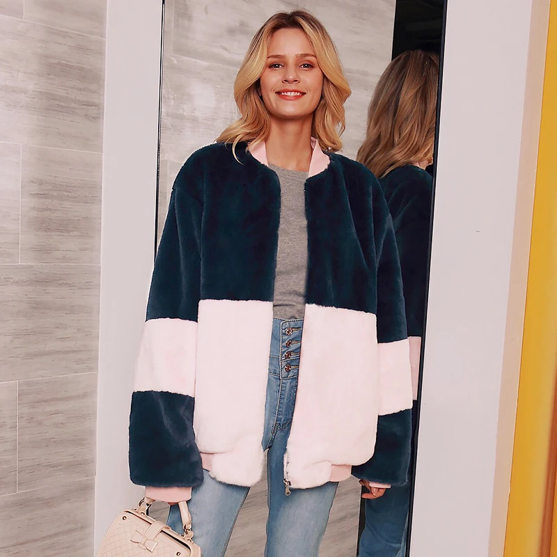 Модное пальто в стиле пэчворк розового и синего цвета Куртка из искусственного