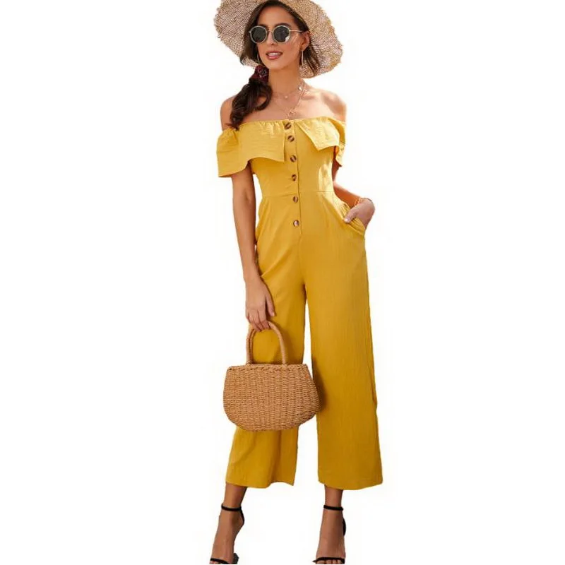 

QRWR Summer 2020 Sexy Strapless Jumpsuit Women Strapless Solid Color Jumpsuit Casual With Pockets Ankle Length Women Jumpsuit