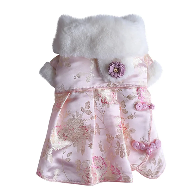 Pink Transer, Ретро стиль, корейский стиль, флис, с отворотом, элегантное платье для собак, Зимняя Теплая Одежда для питомцев, цветочный узор, одежда для собак, вечерние, 9904 - Цвет: Pink
