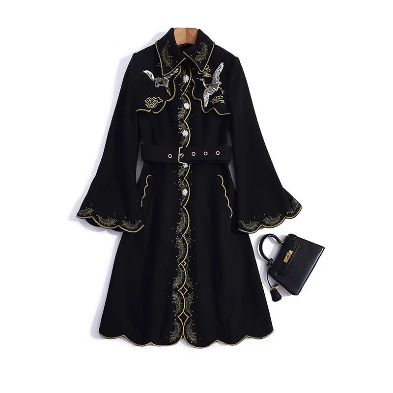 

2021 new women's clothing woollen cloth heavy industry Embroidery Flower ripple edge belt waist closing lady coat coat