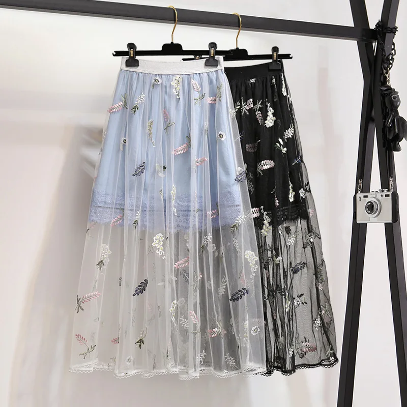 Женская летняя сетчатая юбка пачка трапециевидной формы с вышивкой перьев до