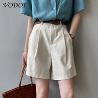 vodof ladies summer new wide leg shorts elastic high waist button loose female solid color shorts casual 2021