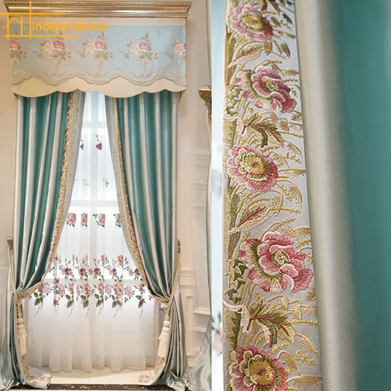 

American Imitation Silk Embroidery Lace Stitching Blackout Curtains for Living Room Bedroom Customization