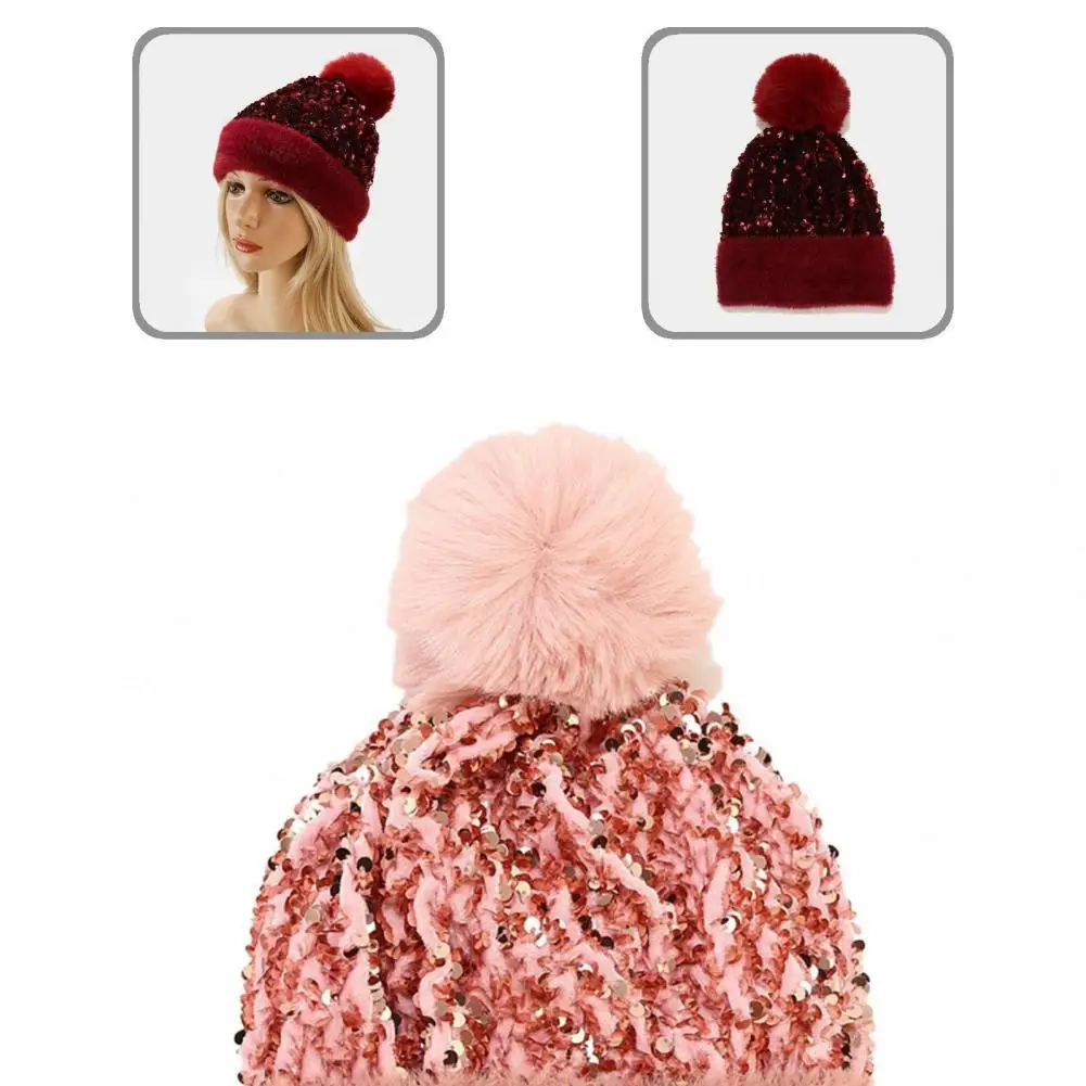 

Women Stylish Sequins No Brim Knitted Hat Lady Beanie Hat Thick for Daily Life