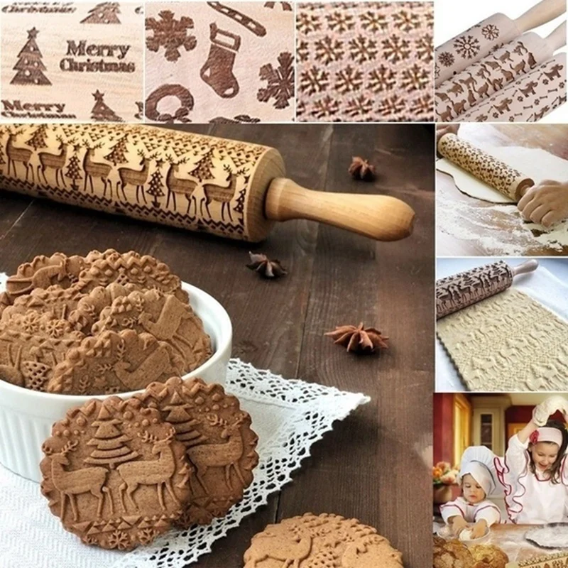 

Baking Tool Dough Pastry Engraved Christmas Pin Wish Embossed Cake Kitche Cookies Stick Rolling Roller Wooden Kitchen Accessorie