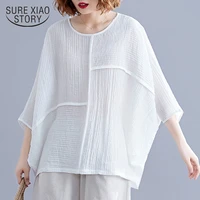 2021 summer plus size literary stitching solid color bat sleeve lady tops vintage linen cotton short sleeve blouse women 8906 50
