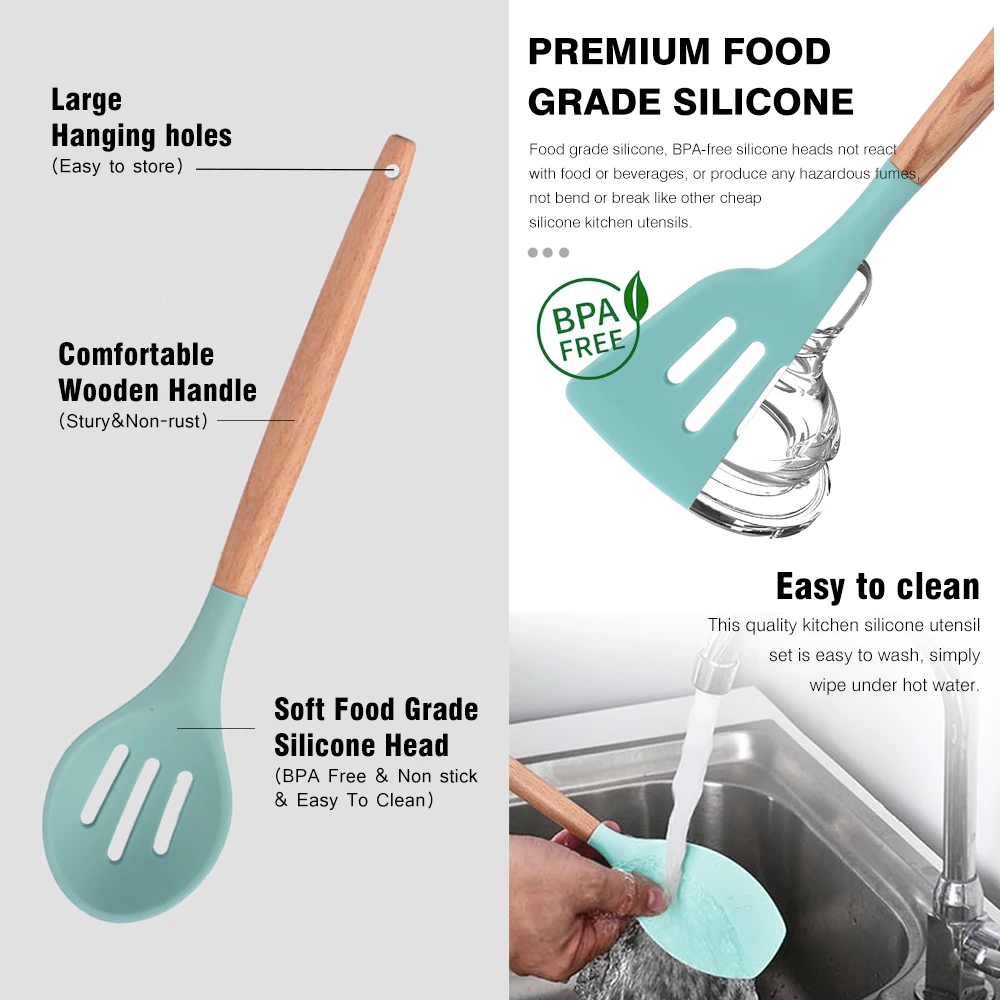 11PCS Silicone Kitchen Cooking Utensil Set with Storage Box for Countertop Wooden Cook Gadgets Utensils Sets | Дом и сад