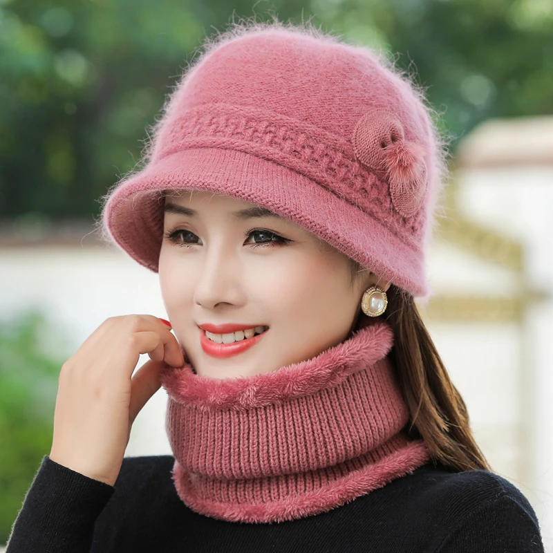 New Women Winter Hat Keep Warm Outdoor Cap & Scarf Set Add Fur Lined Warm Hats For Women Casual Rabbit Fur Knitted Bucket Hat