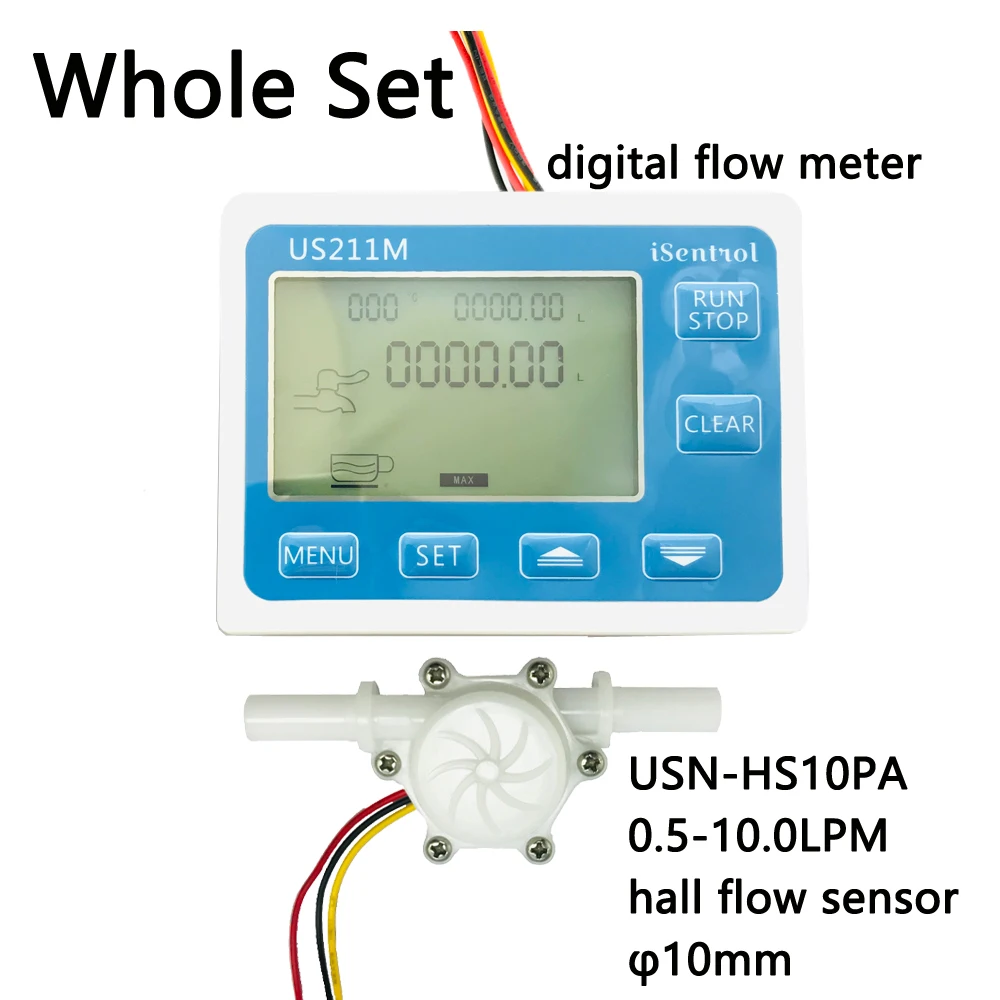 

US211M Flow Meter Display with USN-HS10PA Hall Flow Sensor Measurement 0.5-10L/min Range 10mm OD quick plug iSentrol Saier