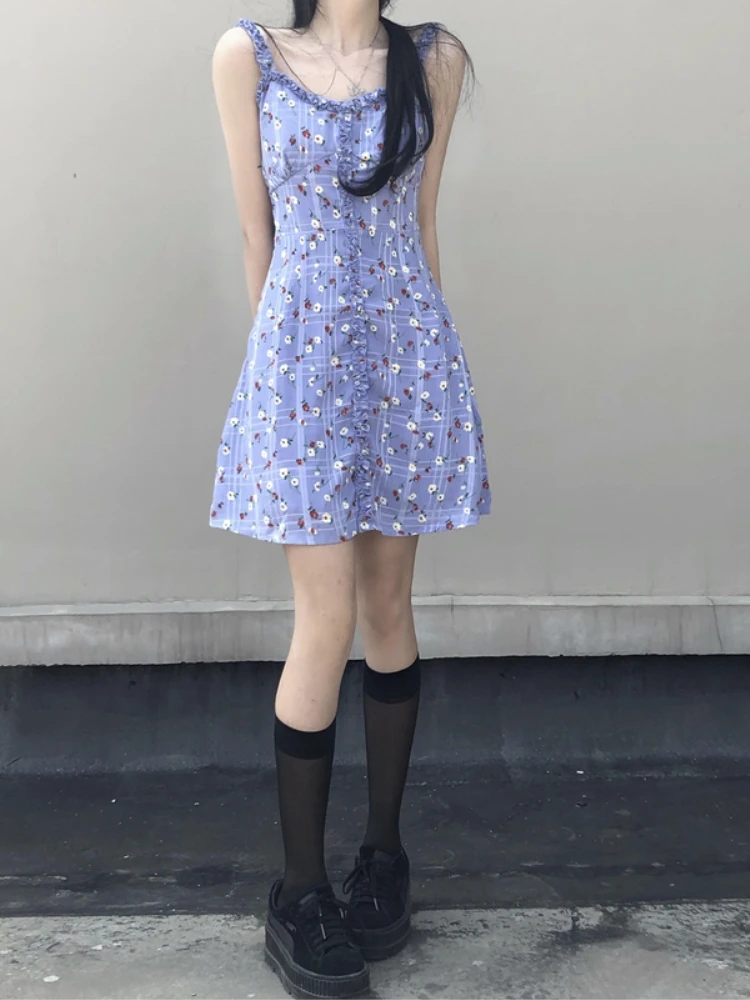 

Summer Dress 2021 Korean Clothes Sweet A-LINE V-Neck Sexy Dresses Floral Spaghetti Strap Mini Dress Gothic Dress Vestidos