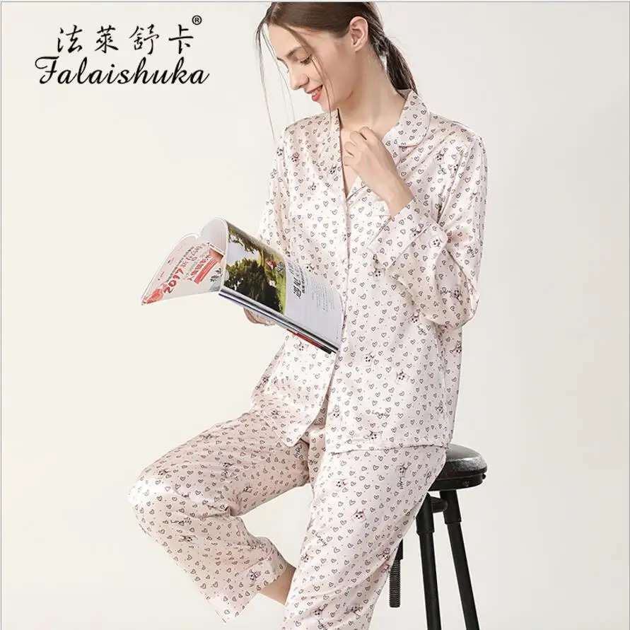Pink 100% Silk Stain Pajamas Sets Women Homewear 2021 Spring Full Sleeve Long Pants