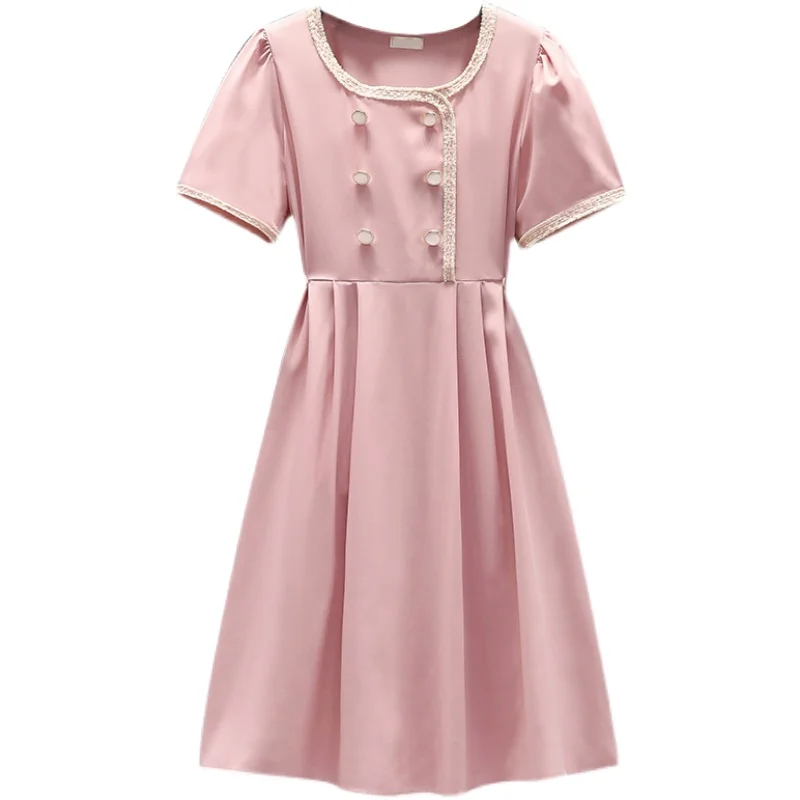 

EHQAXIN Summer Women Casual Bubble Short-Sleeved Tweed Double-Breasted Business Dress 2021 Plus Size Lace-Up Pleated Dress M-4XL