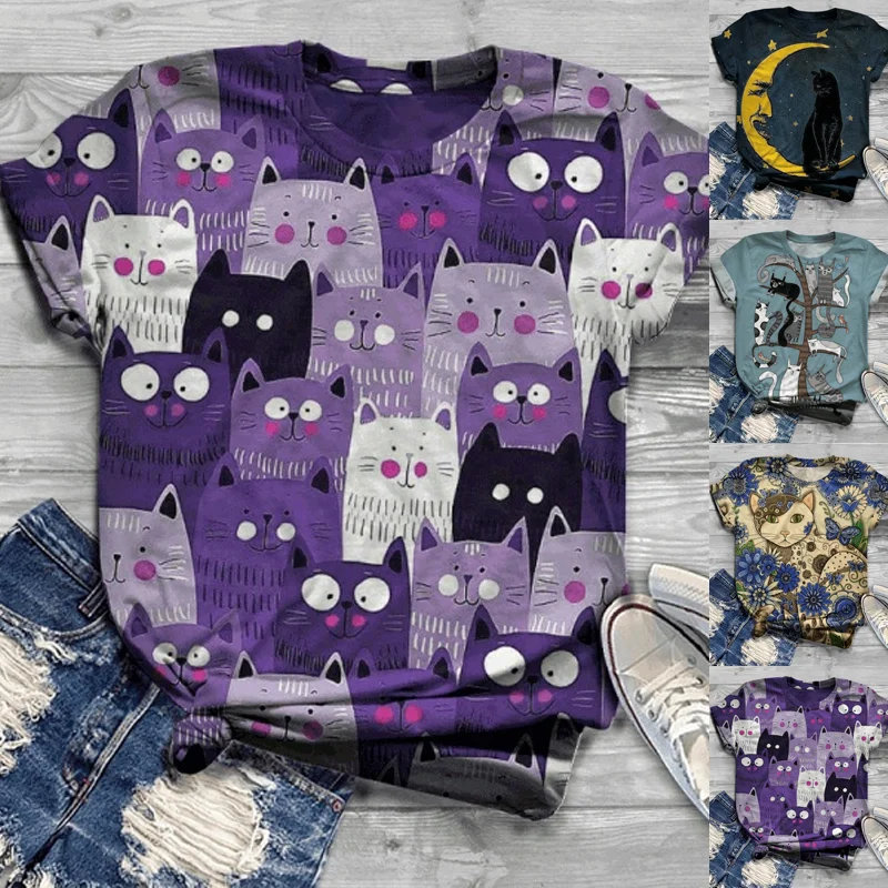 

Женские футболки в стиле Харадзюку, милые топы с принтом кошек, Женская кавайная одежда, летняя футболка с графическим принтом и коротким ру...