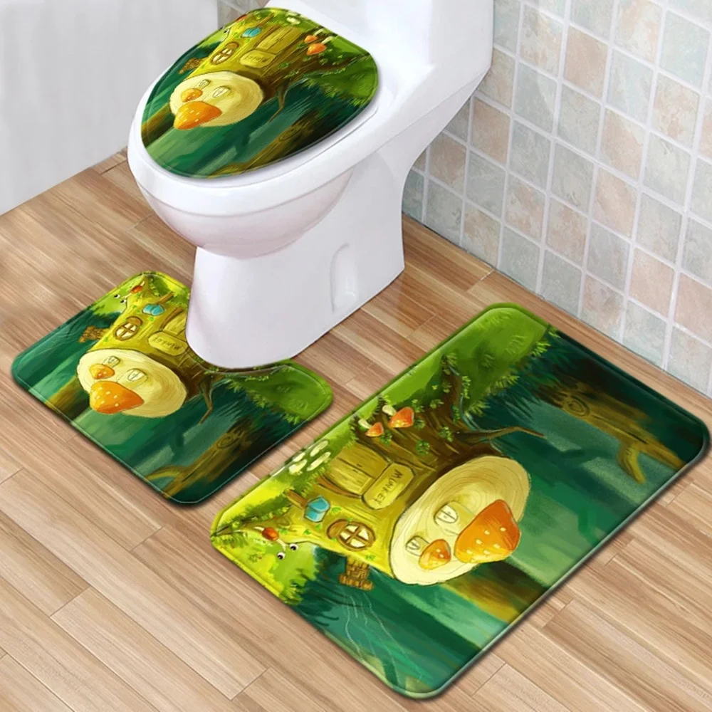 

Toilet Seat Cover Decoration Bathroom Anti-Slip Mat Restroom 3Pcs Set Water Absorption Rug Home Entrance Doormat Cartoons Carpet