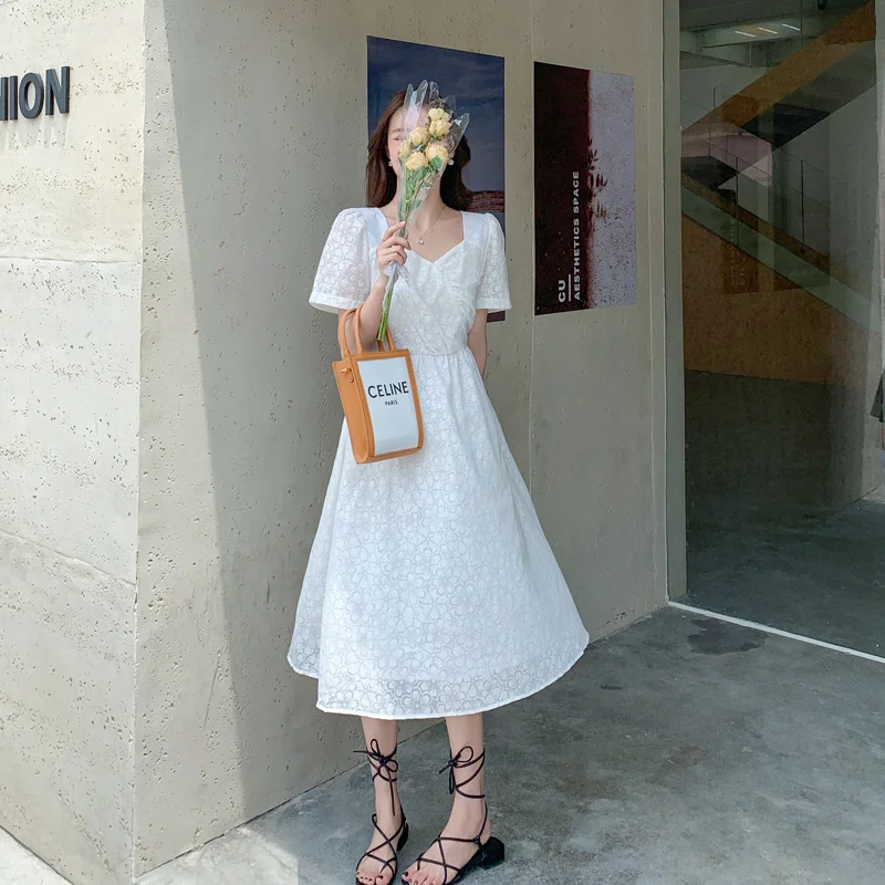 

2021 French Style V-neck Puff Sleeve Waist Elegant Dress Rac