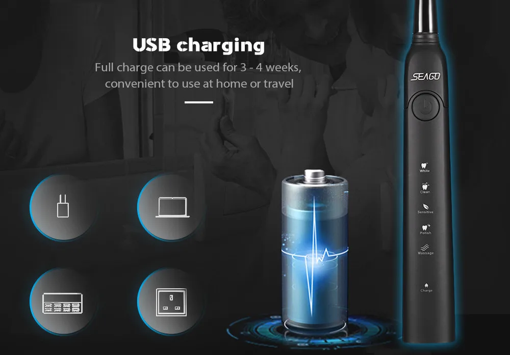 SG-949 электрическая ультразвуковая зубная щетка USB заряжаемая Водонепроницаемая электрическая зубная щетка с 7 головками щетки умный таймер зубная щетка