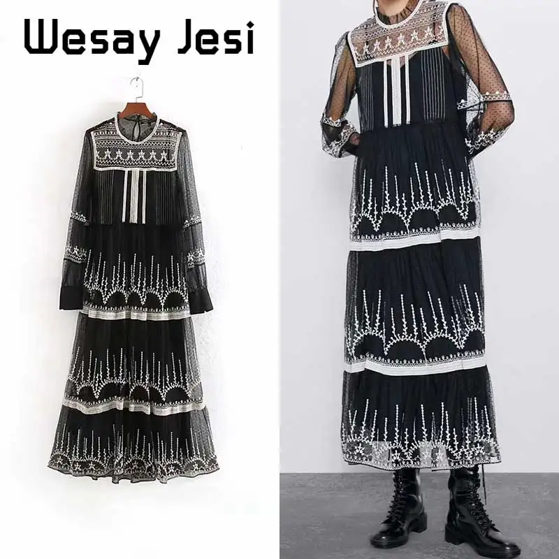 Женское платье элегантное с вышивкой фатиновое сексуальное круглым вырезом