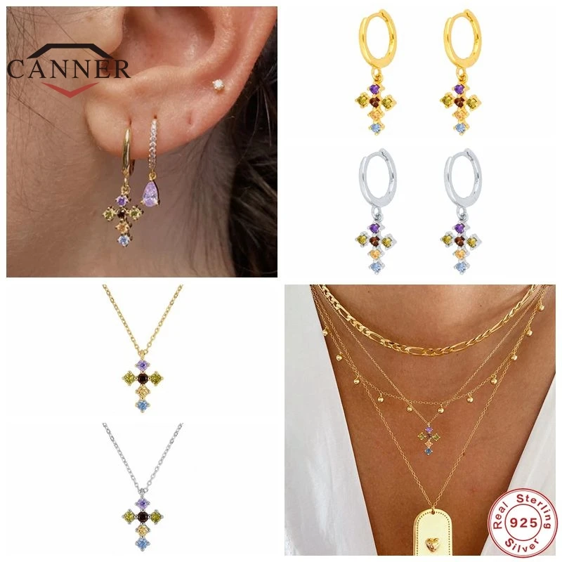 

CANNER Real 925 Sterling Silver Cross Hoop Earrings for Women Piercing Earring Earings Colorful Zircon Female Jewelry pendientes