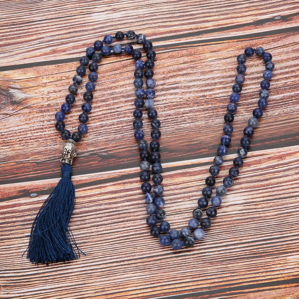108 Mala Beaded Knotted Semi-Precious Stone Jewelry Meditation Declaration Prayer Big Buddha Head Tassel Pendant Long Necklace | Украшения