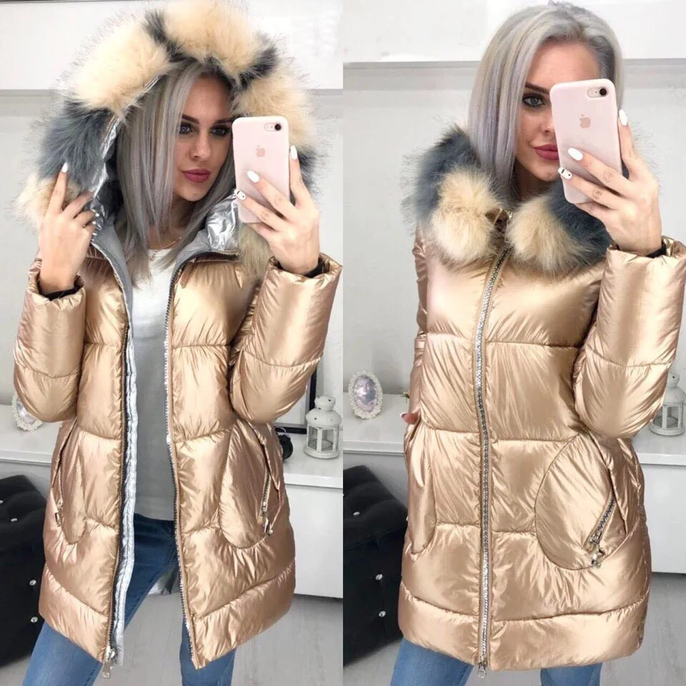 

"Women 's cotton - padded jacket 2021 winter new mid - length fashion bright face large fur collar warm ladies jacket