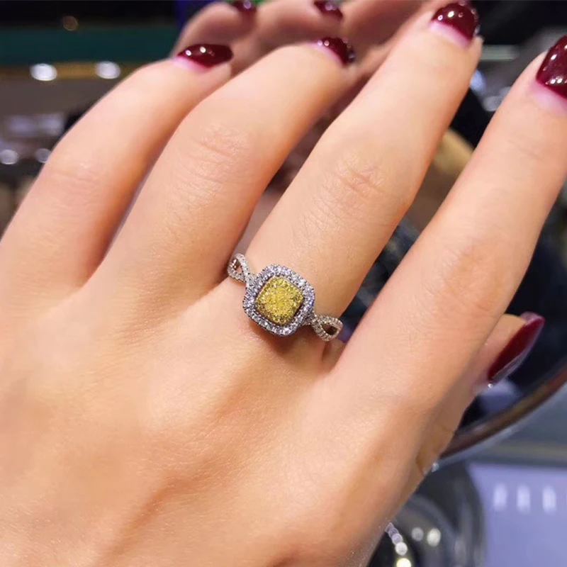 

ANI 18K White Gold (AU750) Women Wedding Ring Luxury 0.3 CT I/SI Certified Real Natural Yellow Diamond Halo Engagement Ring