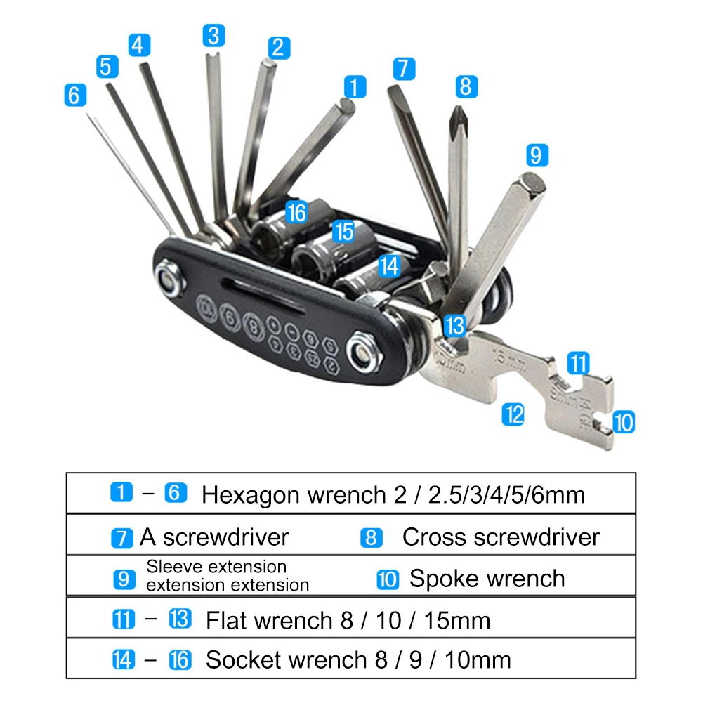 

16 in 1 Bicycle Repairing Tools Set Tire Pry Bars Portable Cycling Multitool Wrench Screwdriver Hex Spoke MTB Bike Repair Supply