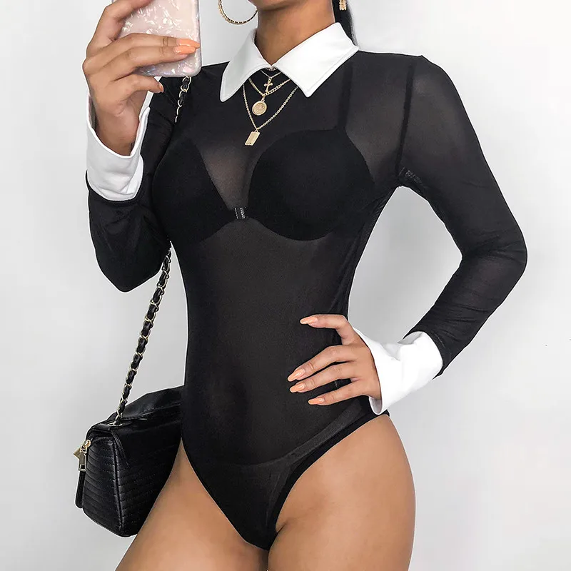 Сетчатые боди весенние комбинезоны с длинным рукавом и открытым шаговым швом