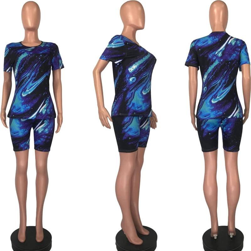 

RStylish 2020 Autumn Women Two Piece Set Fashion Tie-dye Print O-neck Tops Skinny Shorts Suit Tracksuit 2 Pcs Clubwear Outfits