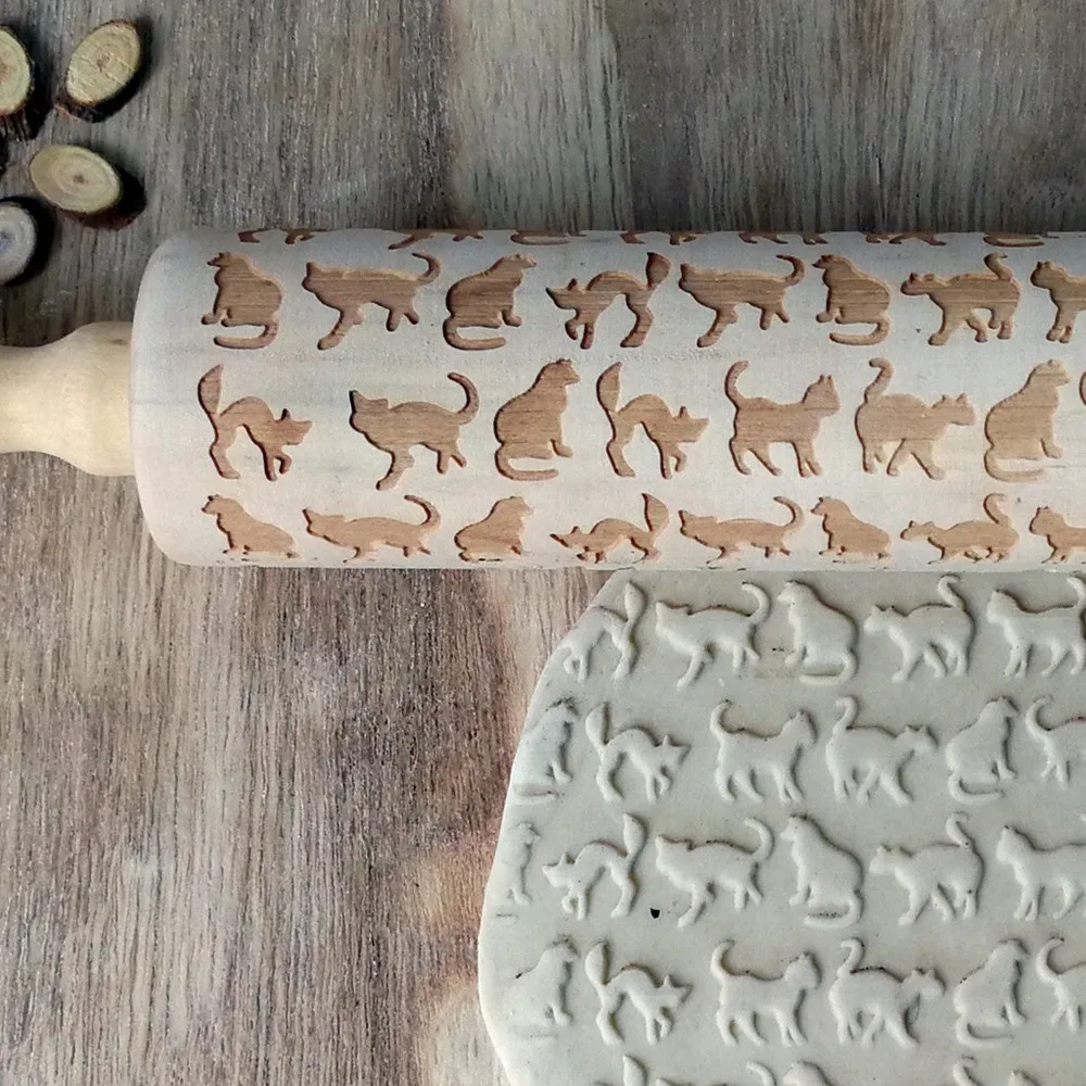 35 см длина товары для дома, кухни креативный рисунок кота Печенье Тесто палочки деревянный котенок печать резьба рельефная Скалка